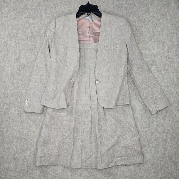 Club 5'4" Petite Dresses & Skirts - Linen Blend Beige Plaid Womens Two-Piece Blazer & Dress Suit Lined Size 4